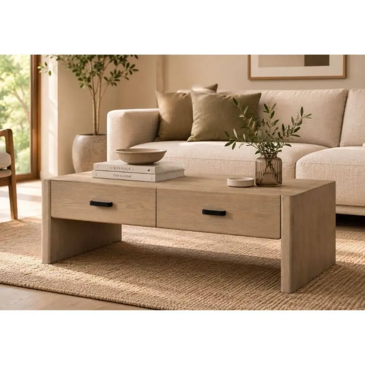 Mesa de Centro de Madera de Abeto con 2 Cajones MB-219970