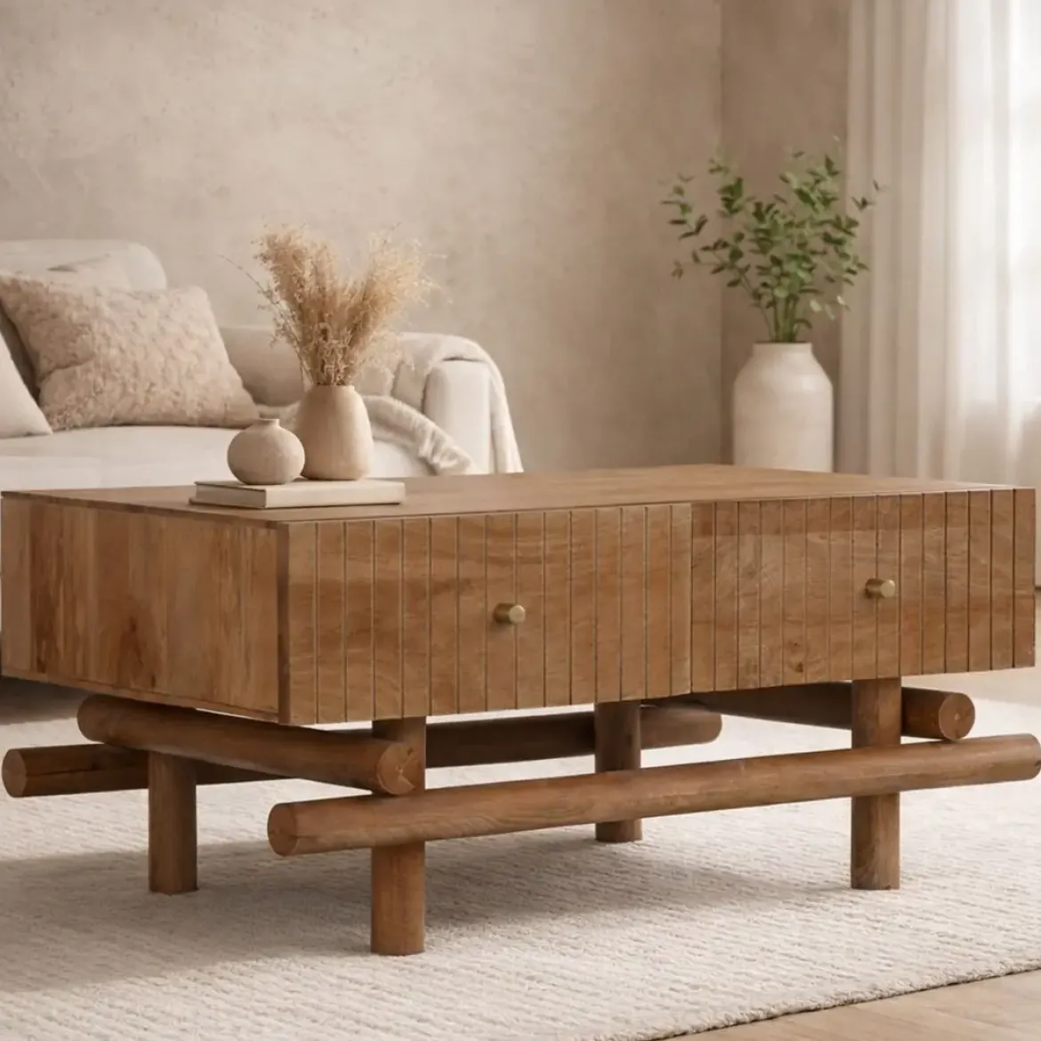 Mesa de Centro de Madera de Mango Natural con Cajones MB-215098