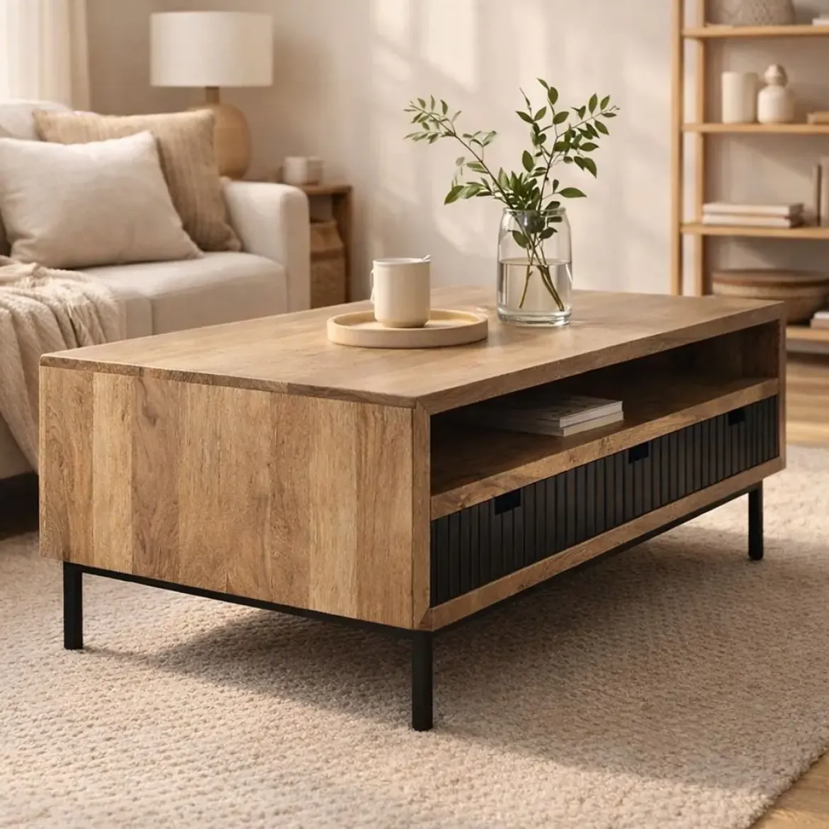 Mesa de Centro de Madera de Mango con 3 Cajones MB-194551