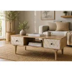 Mesa de Centro de Madera de Mango Natural con 2 Cajones MB-206554