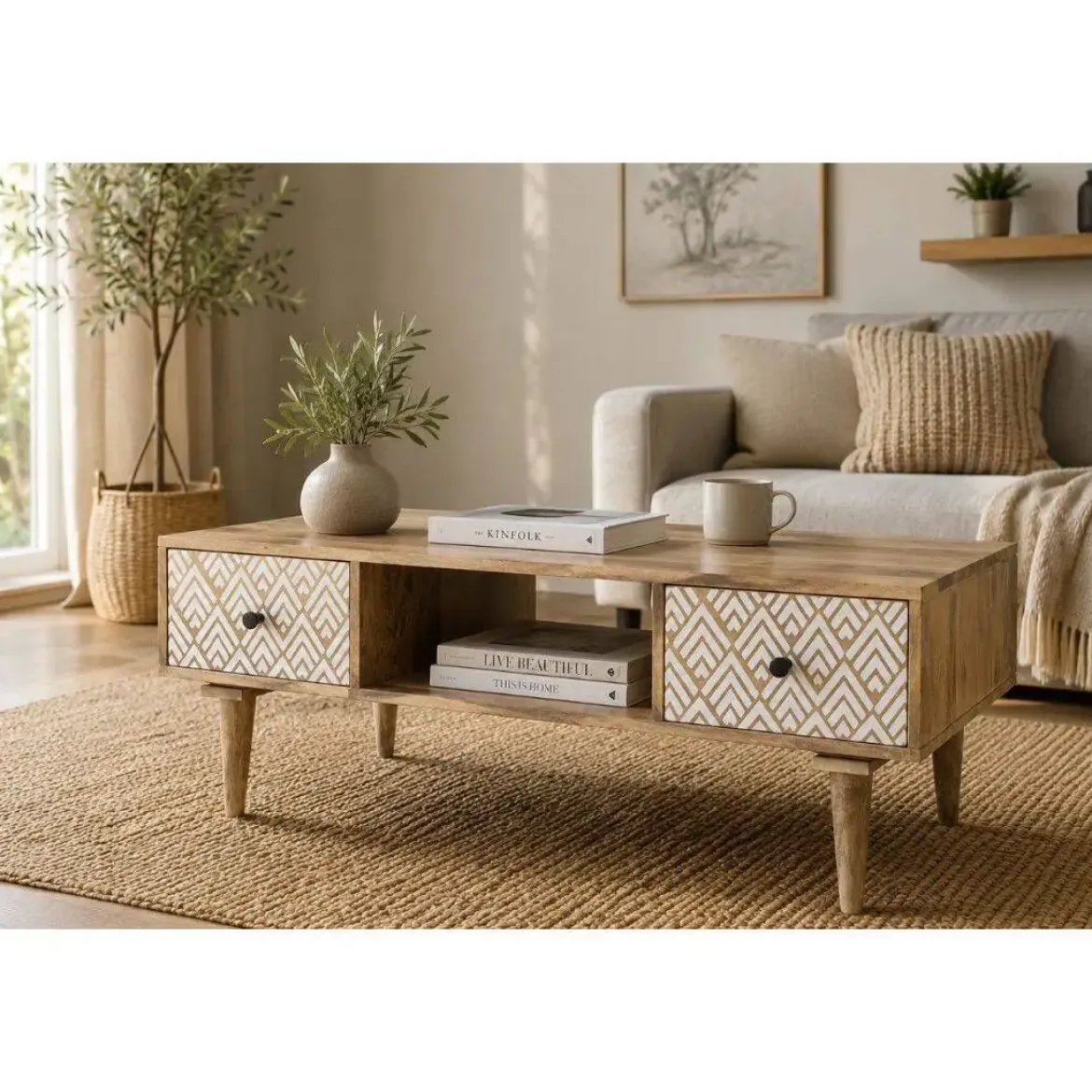 Mesa de Centro de Madera de Mango Natural con 2 Cajones MB-206554