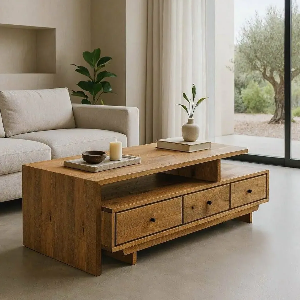Mesa de Centro de Madera de Mango Natural con Cajones 615301