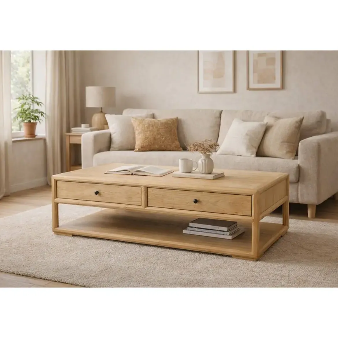 Mesa de Centro de Madera de Olmo con 2 Cajones MB-228433