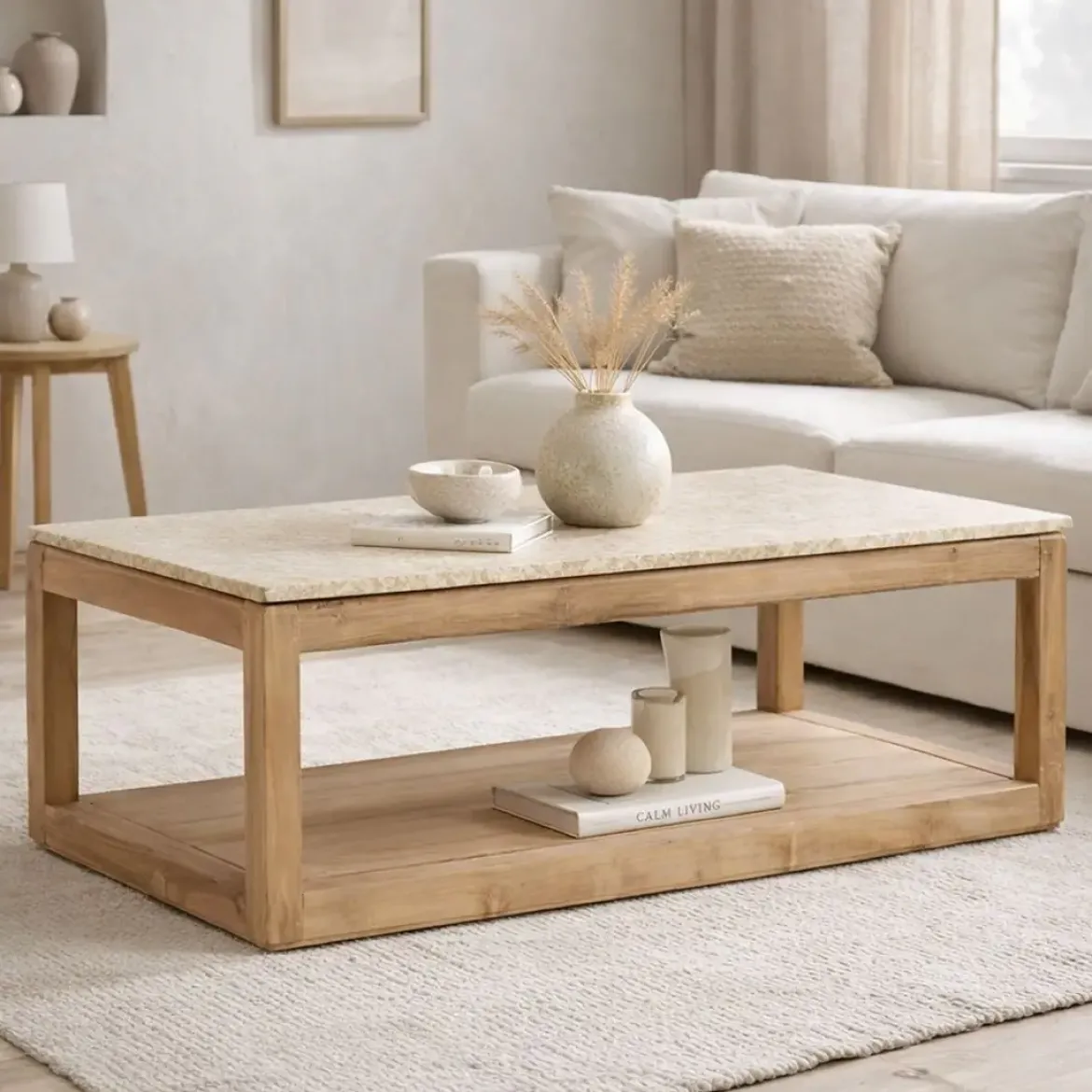 Mesa de Centro de Madera Reciclada con Mármol 120 cm MB-221766