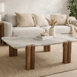 Mesa de Centro de Mármol y Madera de Mango Marrón MB-223561