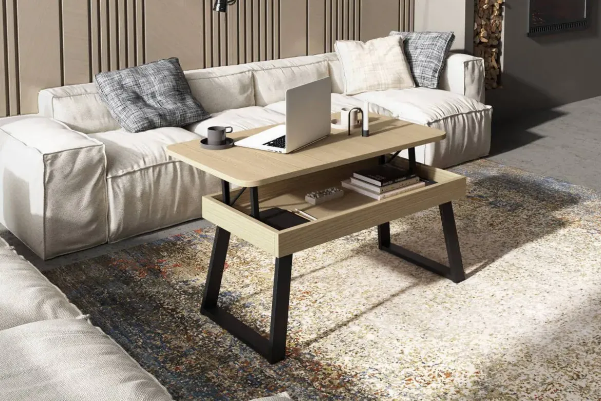 Mesa de Centro Elevable Rectangular 110x60 con Patas Metálicas Trapecio M833