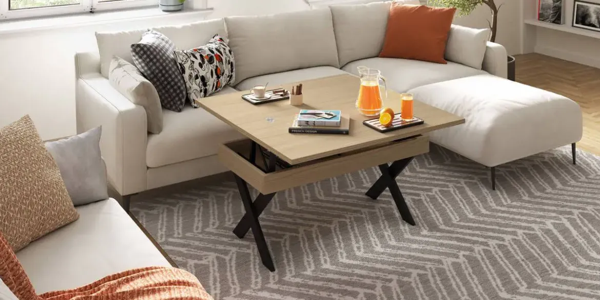 Mesa de Centro Elevable Rectangular en Melamina con Patas Metálicas en X M840