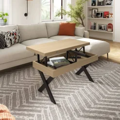 Mesa de Centro Elevable Rectangular en Melamina con Patas Metálicas en X M840