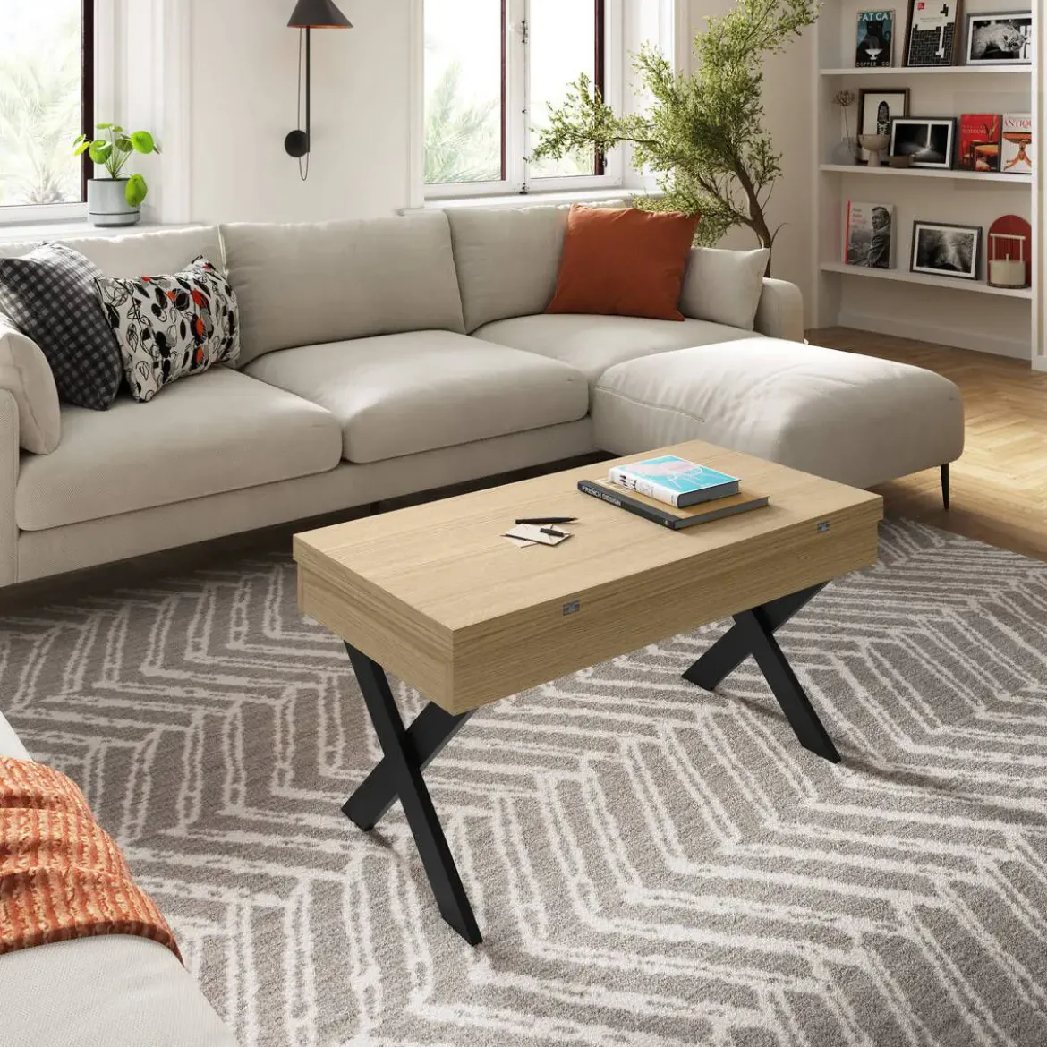 Mesa de Centro Elevable Rectangular en Melamina con Patas Metálicas en X M840