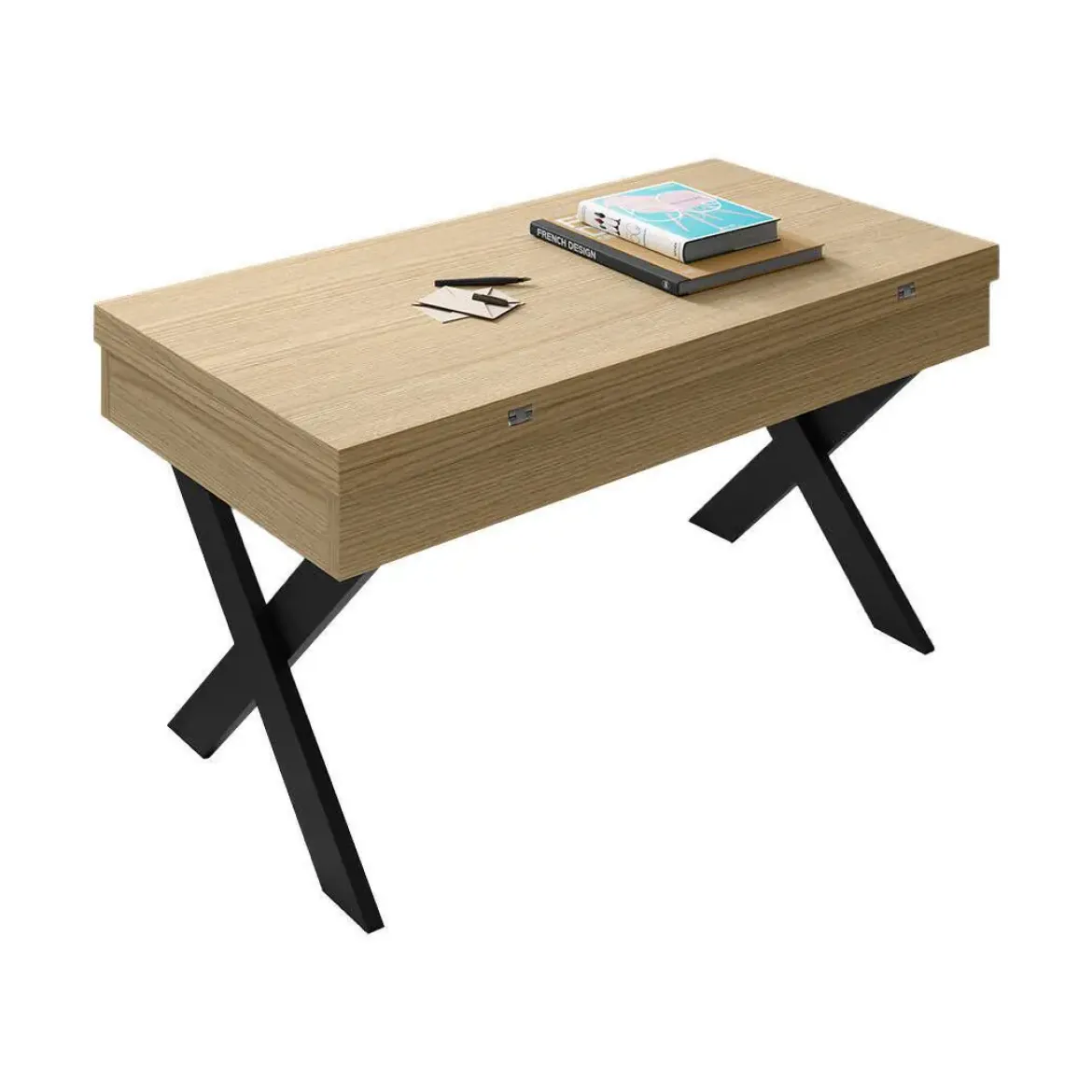 Mesa de Centro Elevable Rectangular en Melamina con Patas Metálicas en X M840