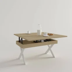 Mesa de Centro Elevable Rectangular en Melamina con Patas Metálicas en X M840