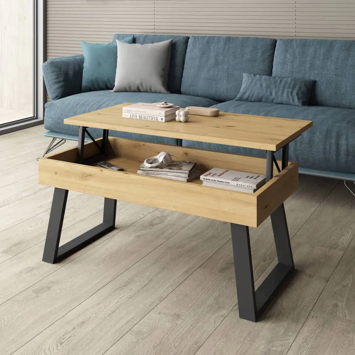 Mesa de Centro Elevable 100x50 cm con Patas Metálicas Trapecio M804