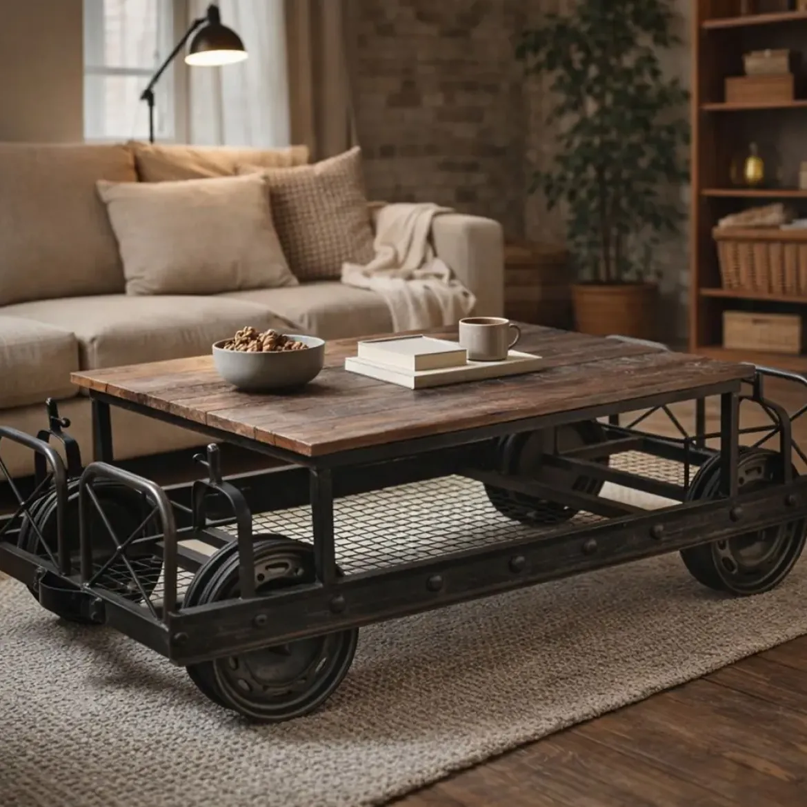 Mesa de Centro Industrial de Metal Negro con Tablero de Madera MB-208382