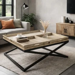 Mesa de Centro Madera con Patas de Metal y 3 Bandejas MB-189851