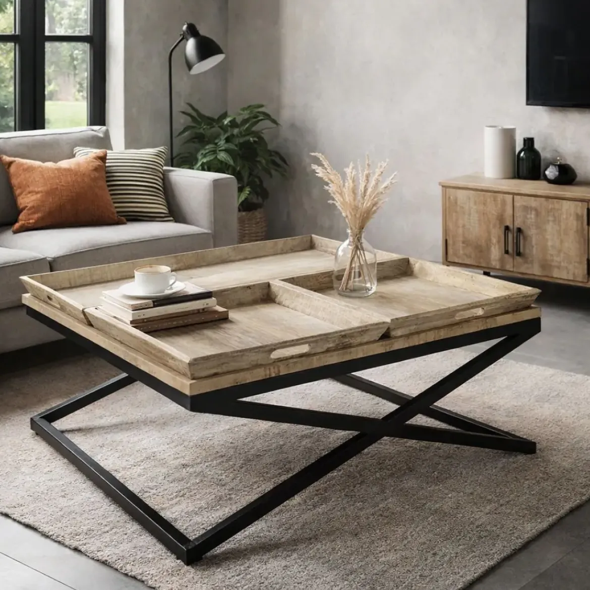 Mesa de Centro Madera con Patas de Metal y 3 Bandejas MB-189851