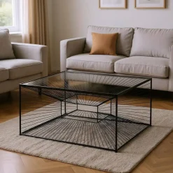 Mesa de Centro Negra 80 cm con Estructura Metálica y Tapa de Cristal 615015