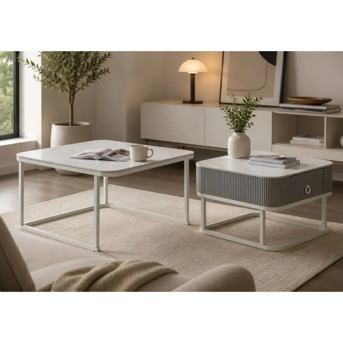 Mesa de Centro Nido Set 2 en Piedra Sinterizada con Estructura Metálica MB-217613