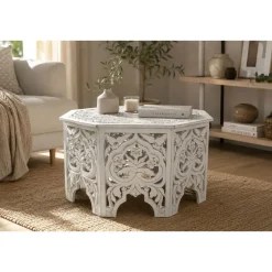 Mesa de Centro Octogonal Tallada en MDF Blanco Envejecido MB-207379