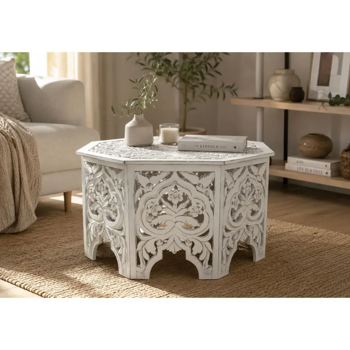 Mesa de Centro Octogonal Tallada en MDF Blanco Envejecido MB-207379