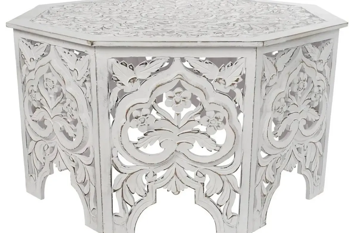 Mesa de Centro Octogonal Tallada en MDF Blanco Envejecido MB-207379