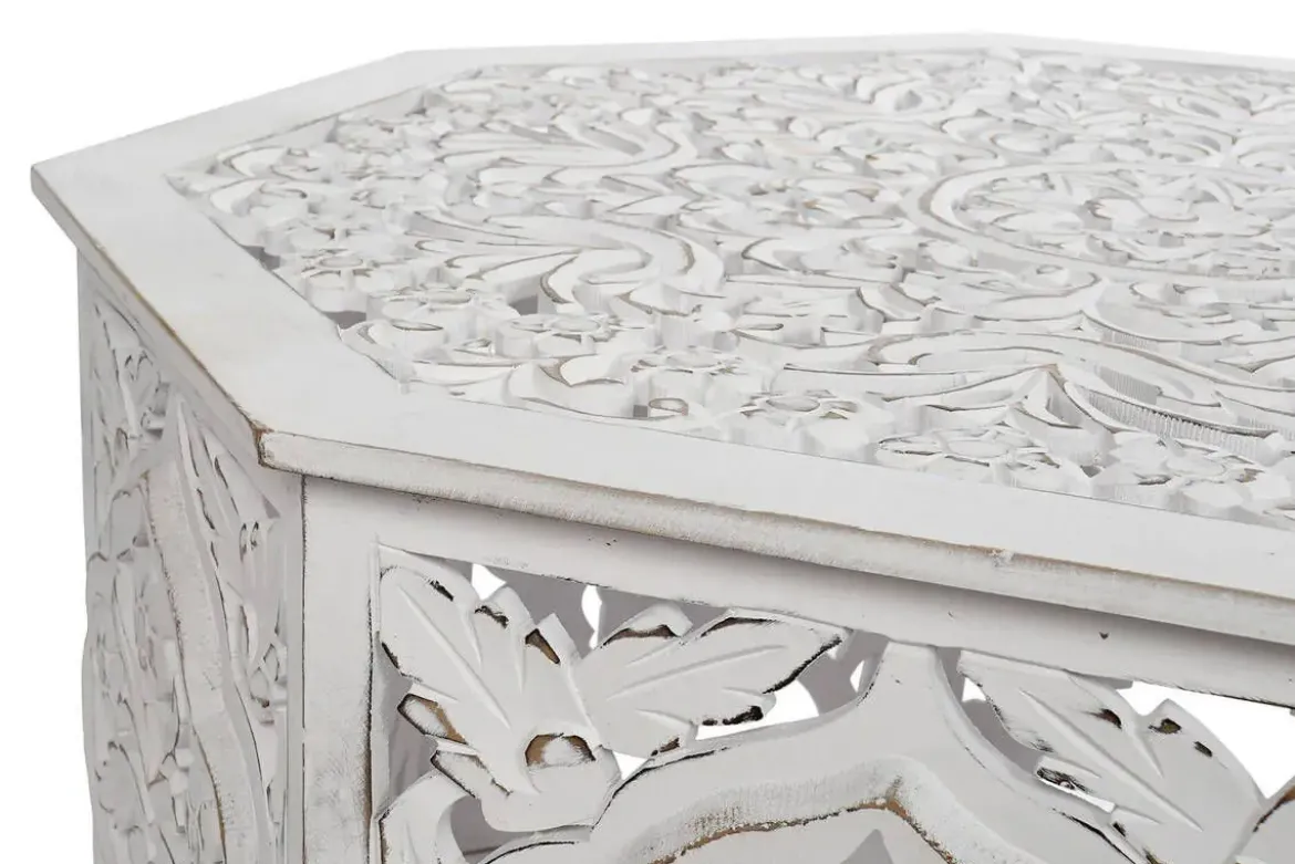 Mesa de Centro Octogonal Tallada en MDF Blanco Envejecido MB-207379