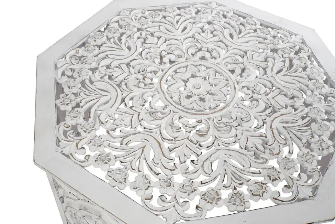Mesa de Centro Octogonal Tallada en MDF Blanco Envejecido MB-207379
