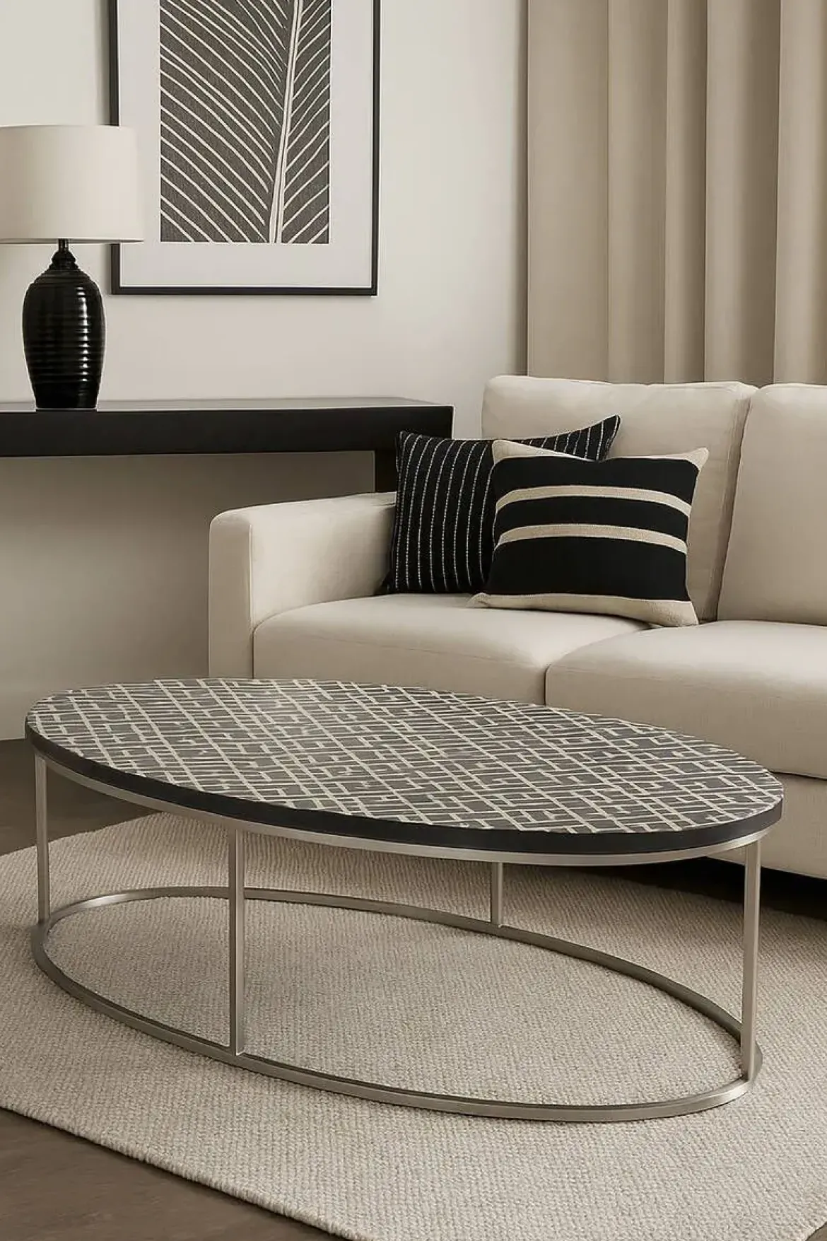Mesa de Centro Rectangular de Taracea de Hueso y Metal MB-217977