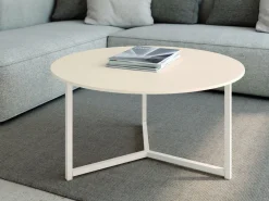 Mesa de centro redonda con estructura metálica marfil y sobre porcelánico acabado piedra BALEAR