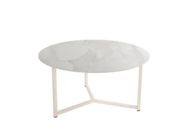 Mesa de centro redonda con estructura metálica marfil y sobre porcelánico acabado piedra BALEAR