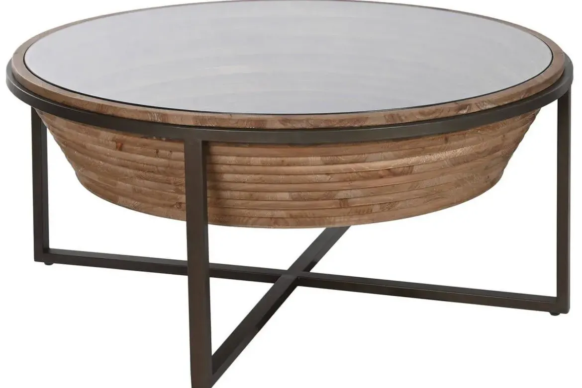 Mesa de Centro Redonda de Abeto con Cristal y Metal Negro MB-212222