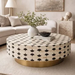 Mesa de Centro Redonda de Hueso con Taracea Bicolor MB-228443