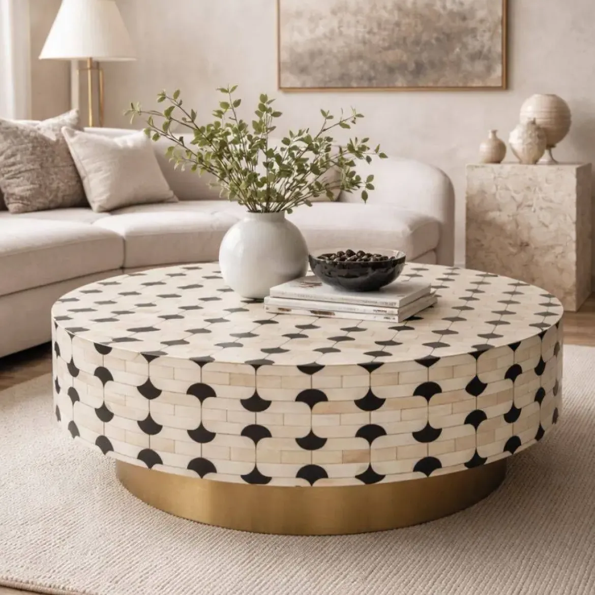 Mesa de Centro Redonda de Hueso con Taracea Bicolor MB-228443
