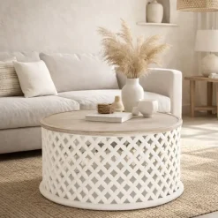Mesa de Centro Redonda de Madera de Mango Natural MB-199887