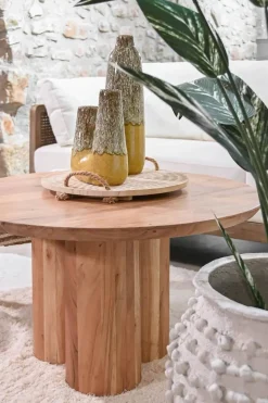 Mesa de Centro Redonda de Madera de Acacia Natural MB-212657