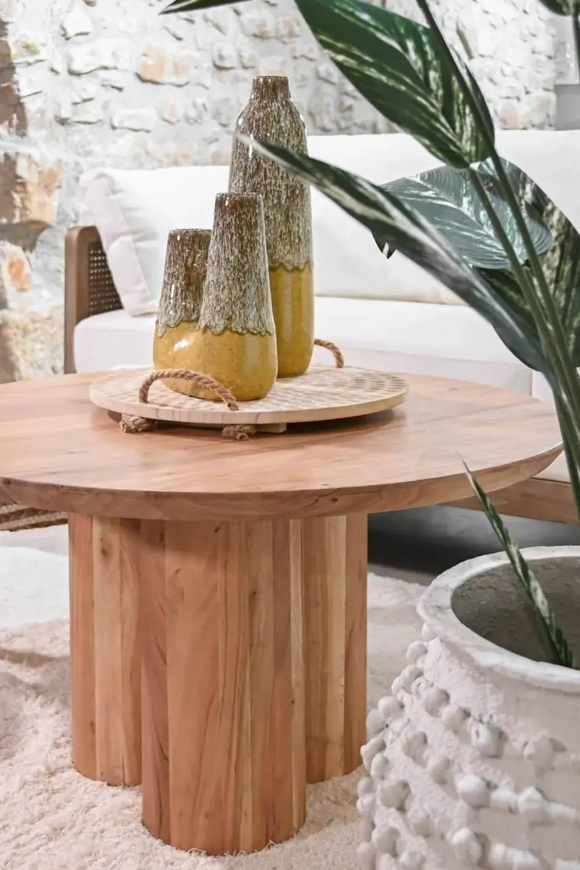 Mesa de Centro Redonda de Madera de Acacia Natural MB-212657