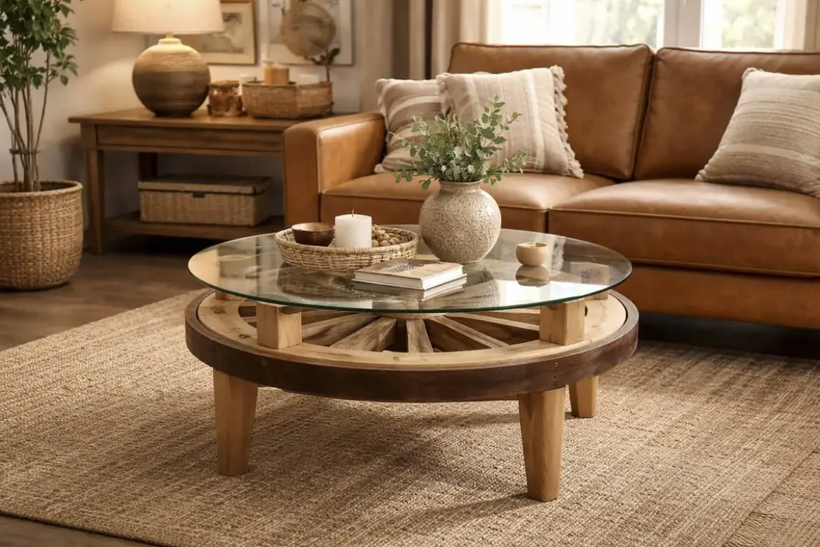 Mesa de Centro Redonda de Madera y Cristal Tipo Rueda MB-227816