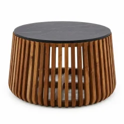 Mesa de Centro Redonda de Madera de Mango y Mármol Negro MB-228708