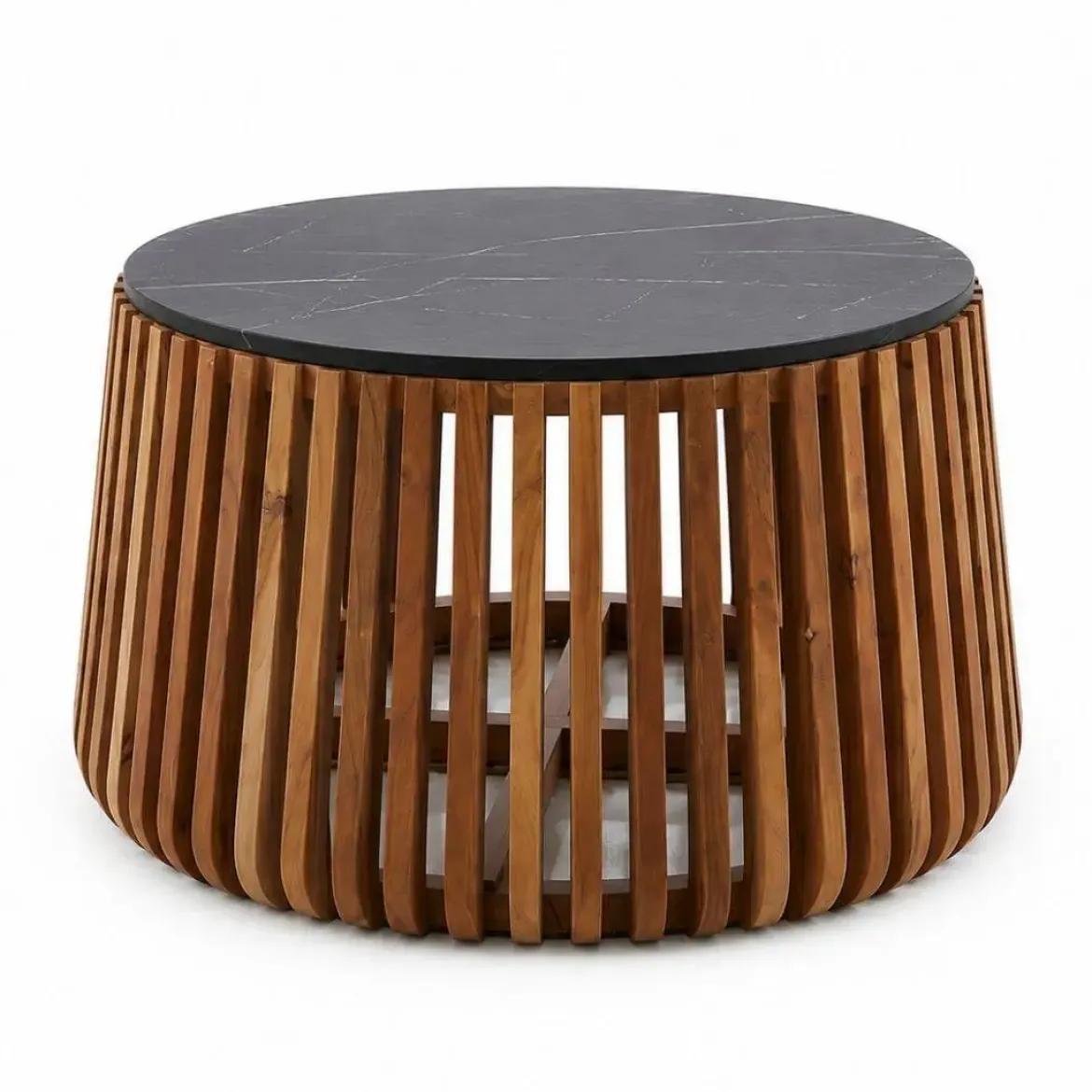 Mesa de Centro Redonda de Madera de Mango y Mármol Negro MB-228708