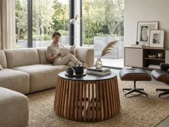 Mesa de Centro Redonda de Madera de Mango y Mármol Negro MB-228708