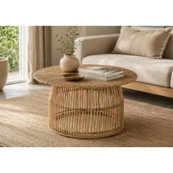 Mesa de Centro Redonda de Ratán Natural con Estructura de Acero MB-215355