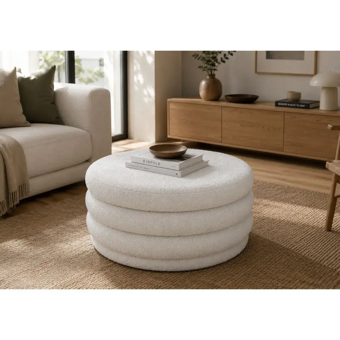 Mesa de Centro Redonda Tapizada con Baúl en Poliéster Blanco MB-217366
