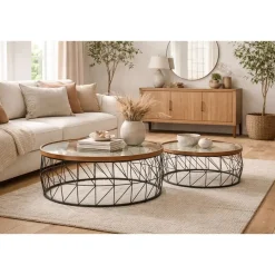 Mesa de Centro Set 2 Metal y Cristal Redonda MB-190030