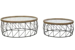 Mesa de Centro Set 2 Metal y Cristal Redonda MB-190030