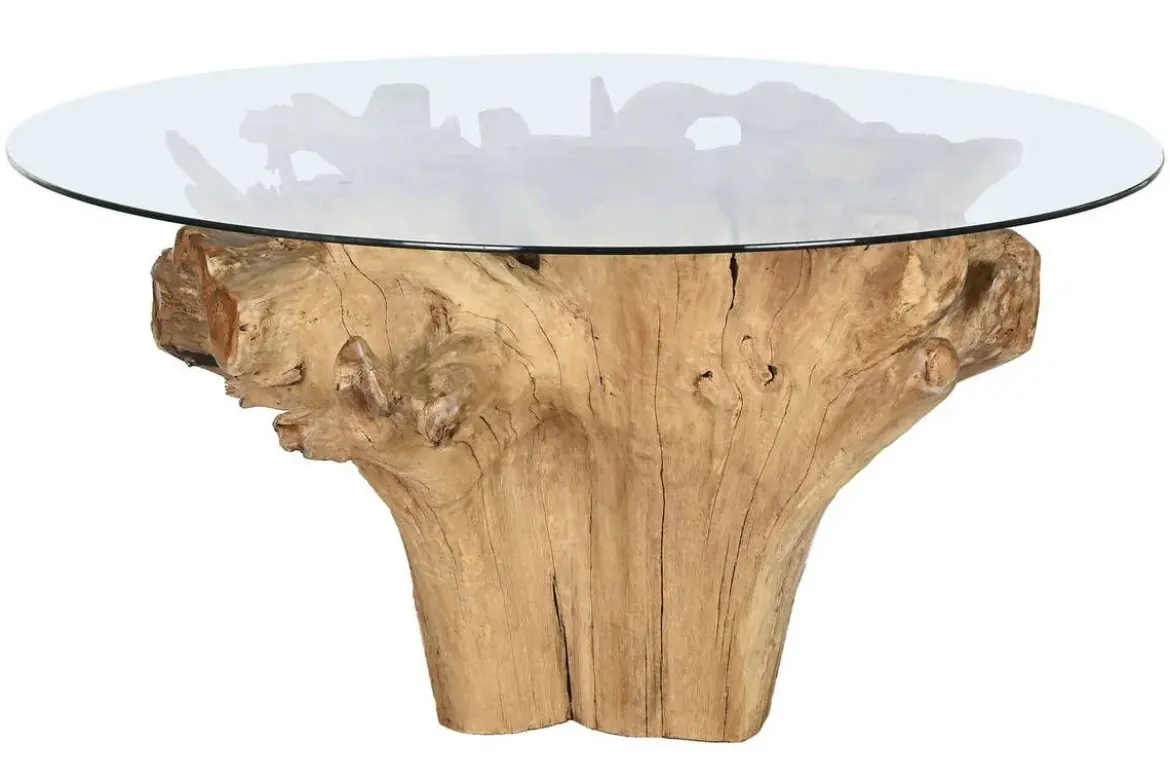 Mesa de Comedor con Cristal y Base de Raíz de Teca MB-213827