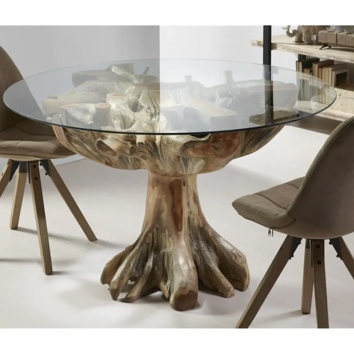 Mesa de Comedor con Raíz de Teka Maciza y Vidrio 32-125