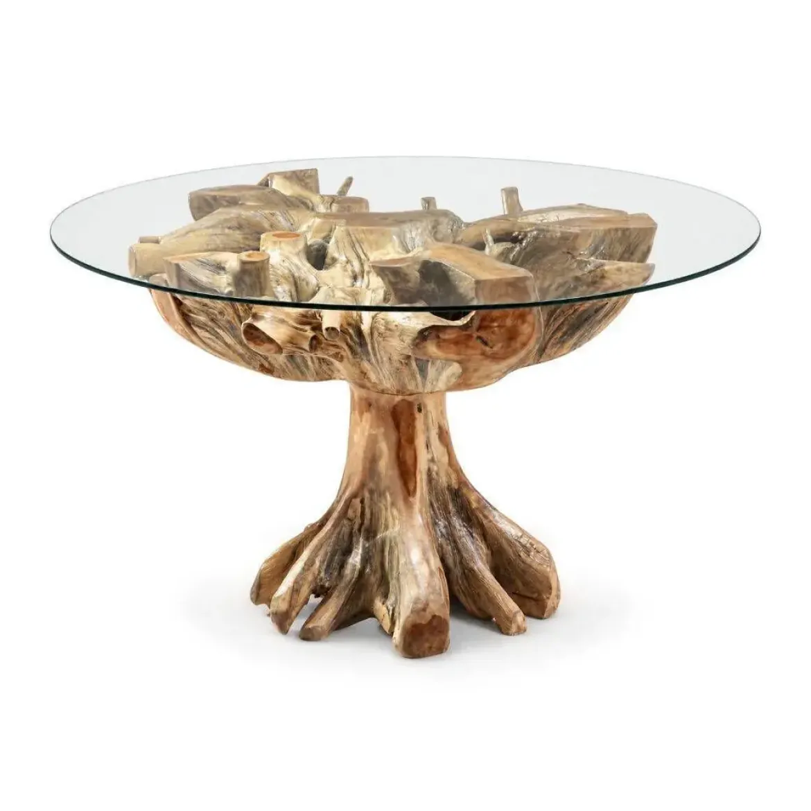 Mesa de Comedor con Raíz de Teka Maciza y Vidrio 32-125