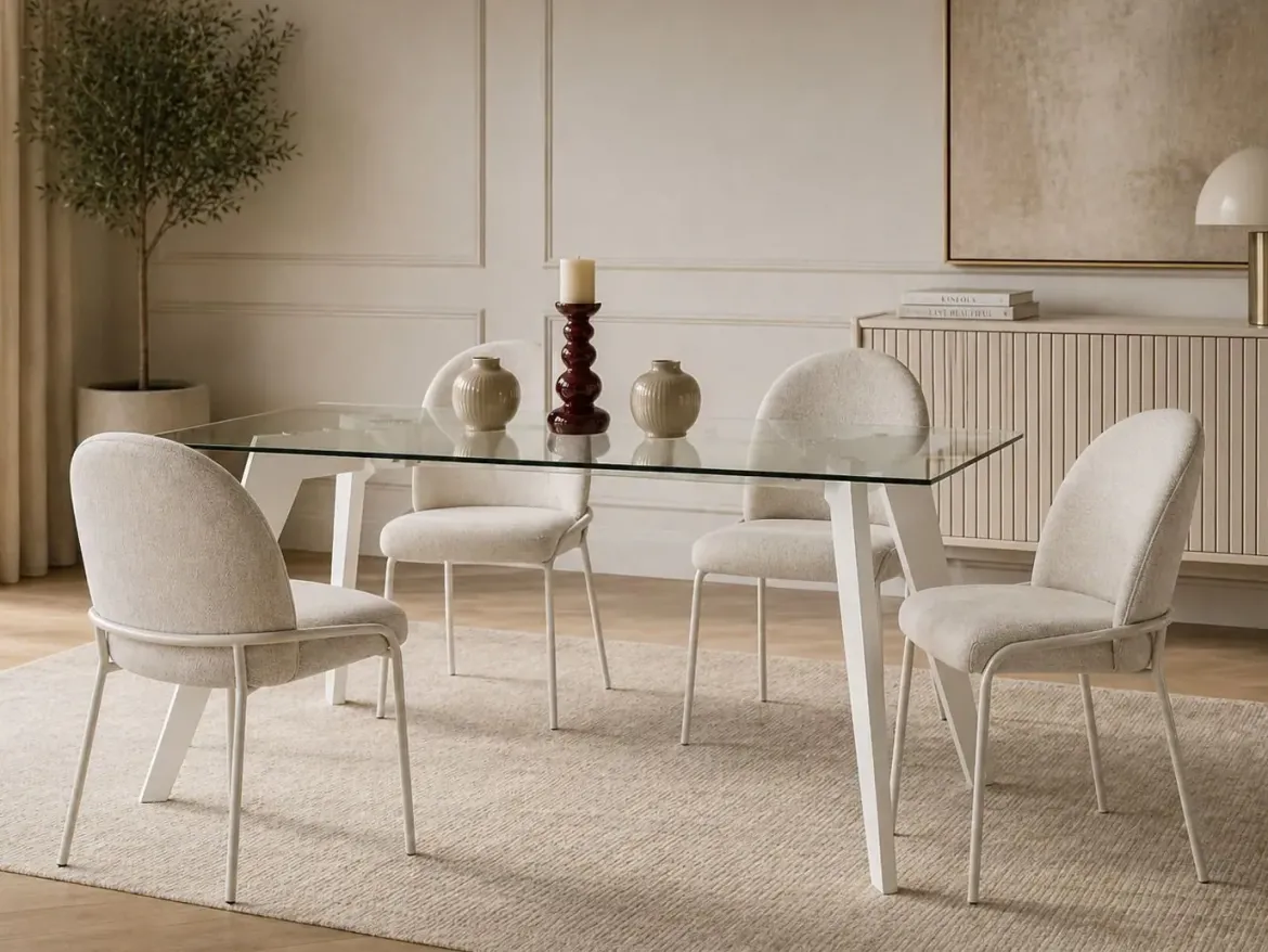 Mesa de Comedor de Cristal Templado Blanco con Patas MDF MB-207701