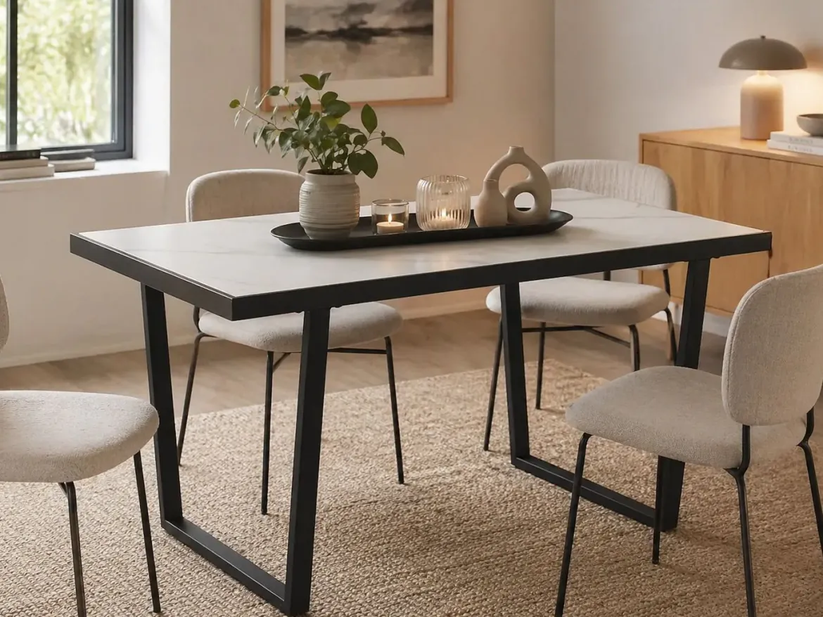 Mesa de Comedor de Metal y Piedra Sintetizada Color Blanco y Negro MB-208952