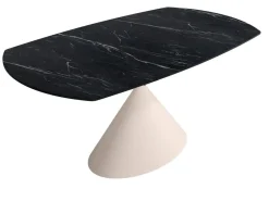 Mesa de Comedor Extensible Ovalada Estructura Metálica Marfil Sobre de Porcelánico Acabado Piedra RIN