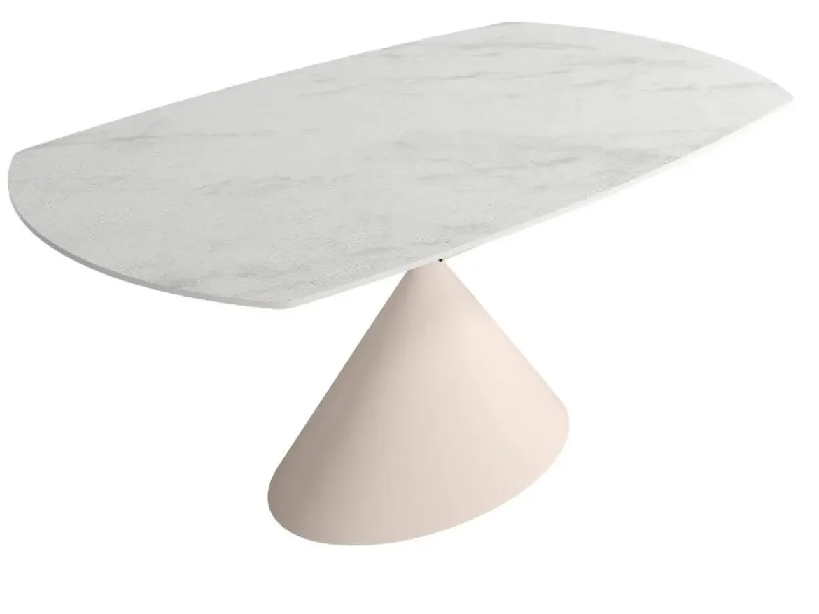Mesa de Comedor Extensible Ovalada Estructura Metálica Marfil Sobre de Porcelánico Acabado Piedra RIN